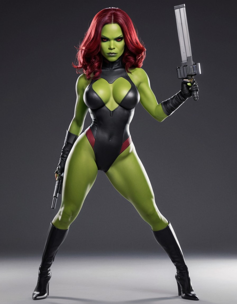 gamora, marvel, superhero, female warrior, weapon, confident pose, sexy, painted