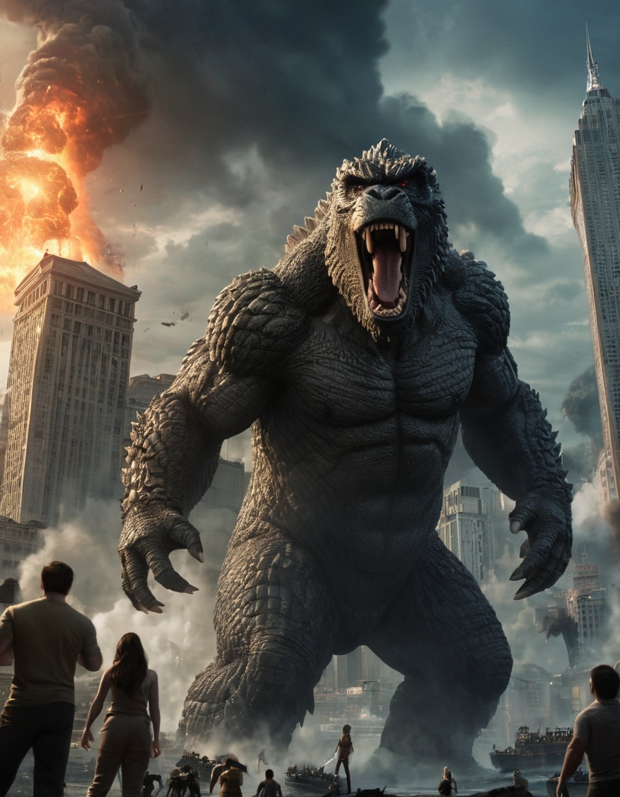 godzilla, king kong, city destruction, monster battle, action movie, sci-fi, fantasy, kong