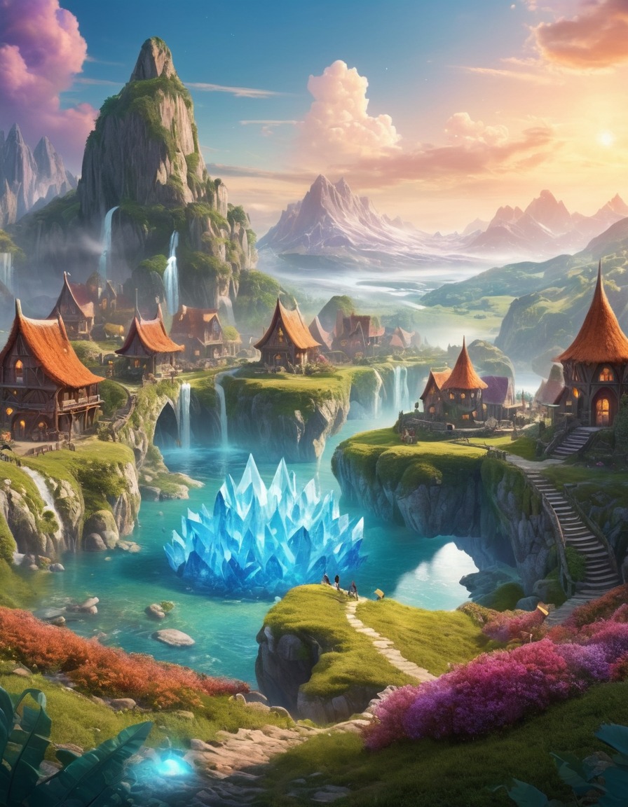 fantasy, magical village, giant crystals, lush valley, mystical, enchanting, fantastic