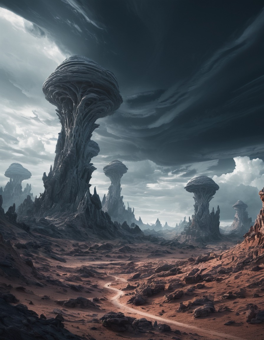 alien landscape, twisted rock formations, malevolent sky, otherworldly, eerie, lovecraft, howard lovecraft