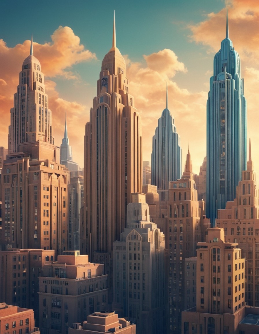 architecture, cityscape, skyline, art deco, buildings, vintage