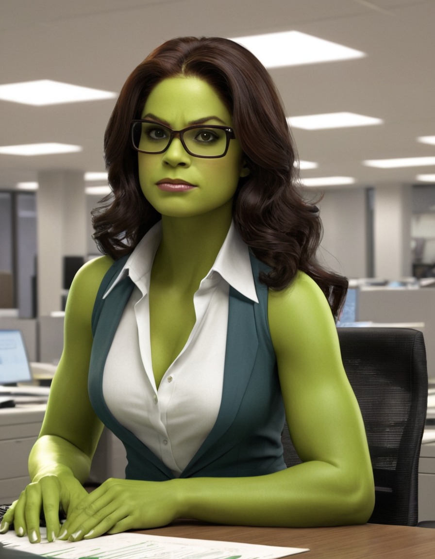 she-hulk, marvel, office worker, superheroine, lawyer, comics, green skin