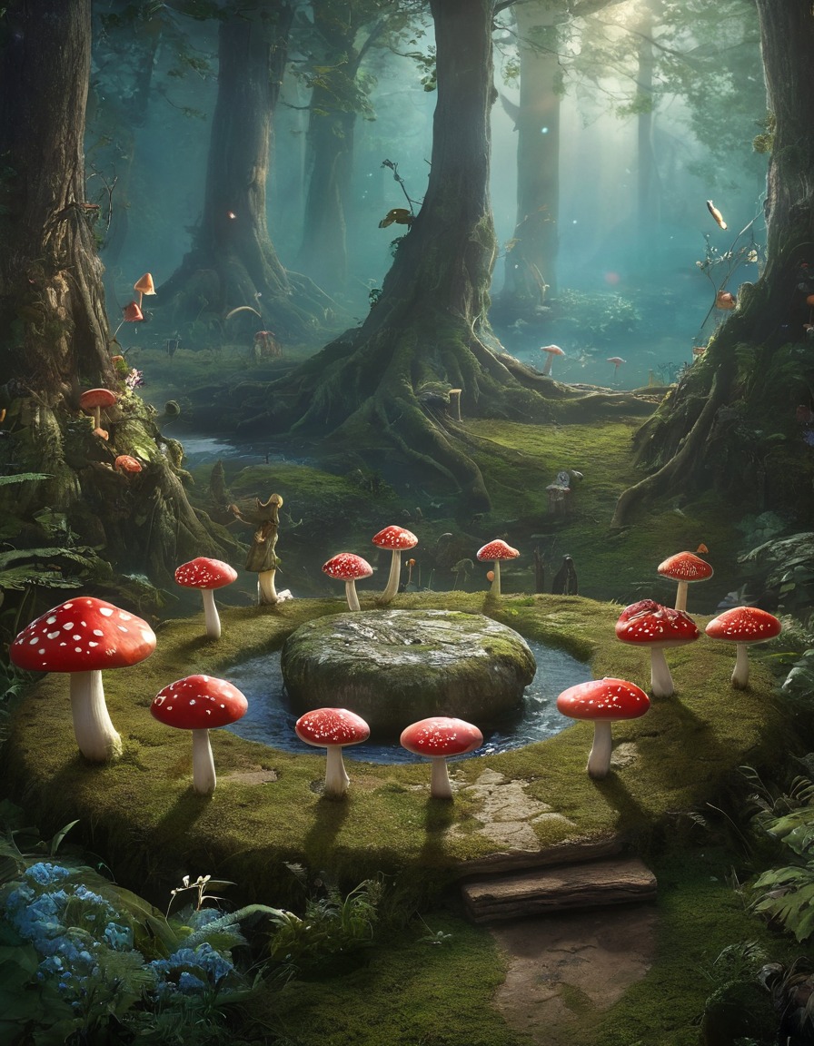 faerie circle, ethereal beings, dance, toadstools, fantasy scene