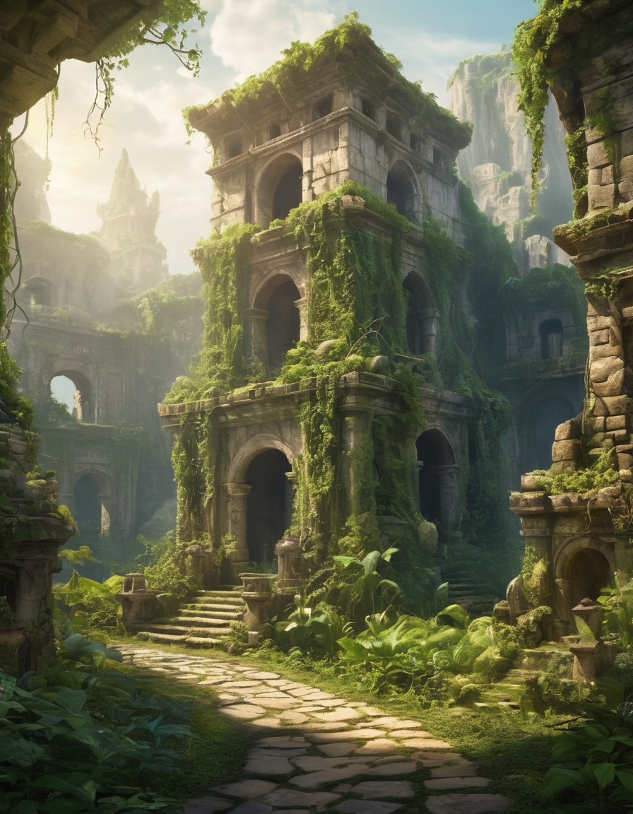 ancient ruins, vines, wise old wizards, forest spirits, fantasy, magic, fantastic