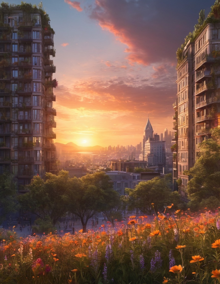 cityscape, sunset, wildflowers, trees, nature, city