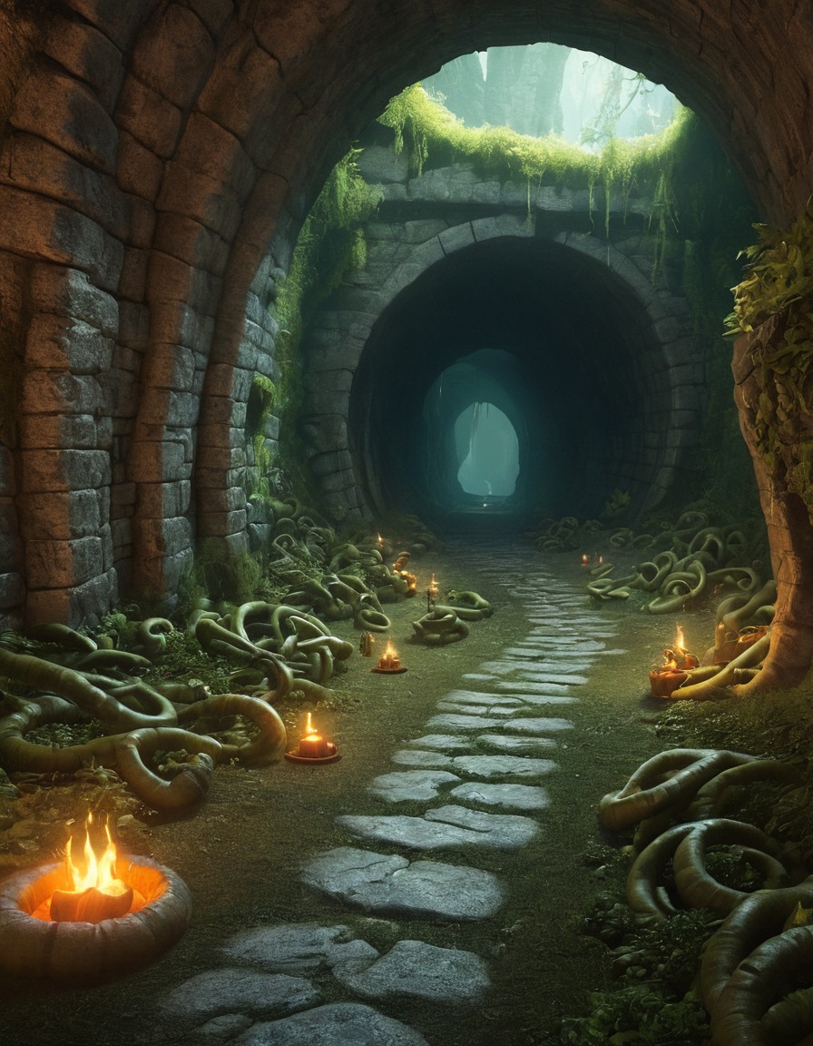 labyrinth, twisting tunnels, mischievous goblins, fantasy scene