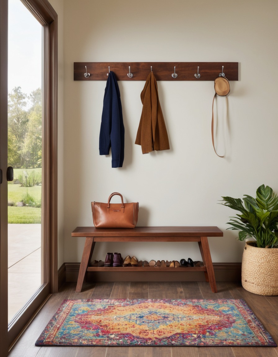 entryway, interior design, bench, coat hooks, rug, home decor, home, interior