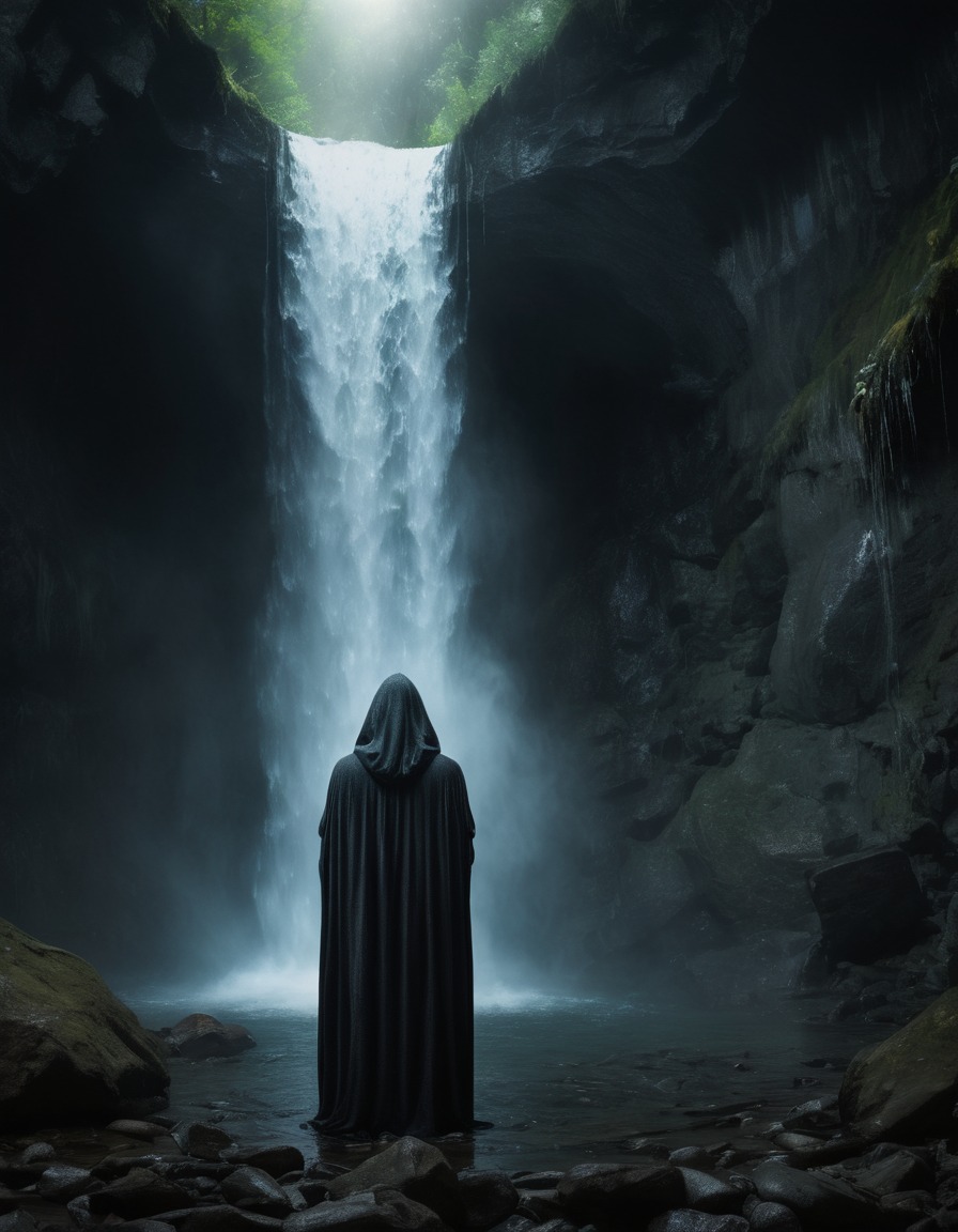 mystical, hooded figure, chanting, waterfall, nature, ritual, meditation