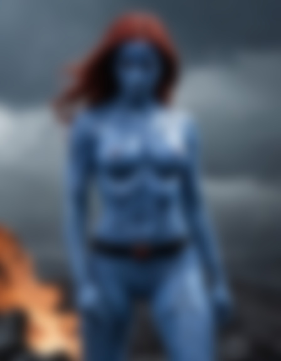 mystique, x-men, superhero, stormy backdrop, ripped clothes