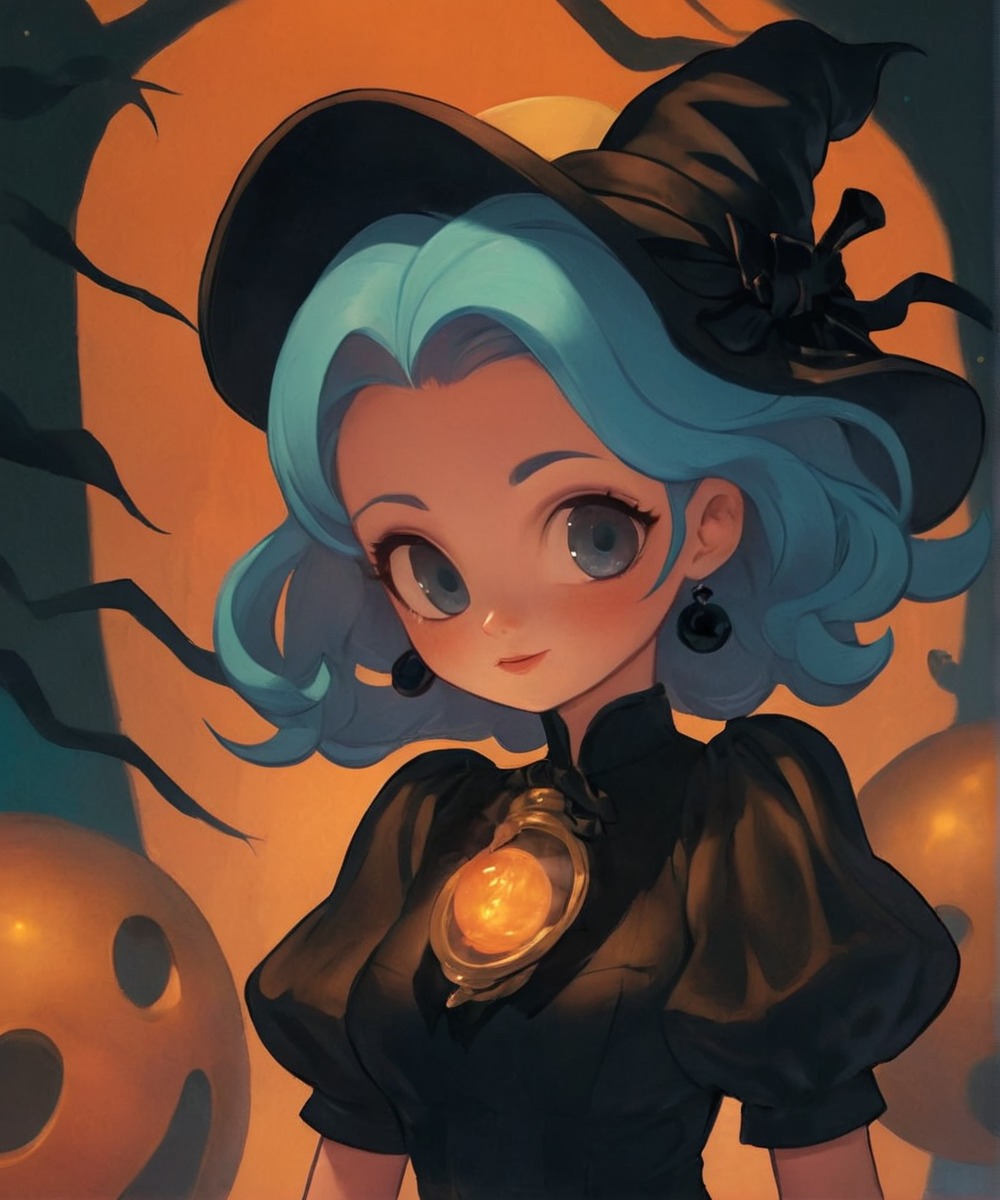 digitalart, anime, fanart, videogamefanart, animegirl, wallpaper, witch, cartoon, digitalpainting, portrait, originalcharacter, magic, animedrawing, halloween, beauty, bewitched, bluehairedgirl, fantasy, girl, pumpkin