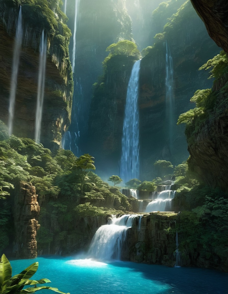 waterfall, mystical, cliff, pool, mythical creatures, fantastic