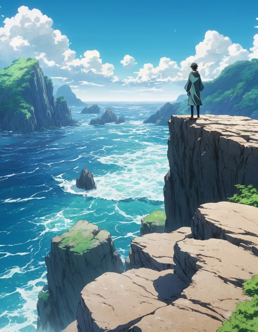 nature, solitude, contemplation, horizon, cliffs, ocean, rocky landscape, anime