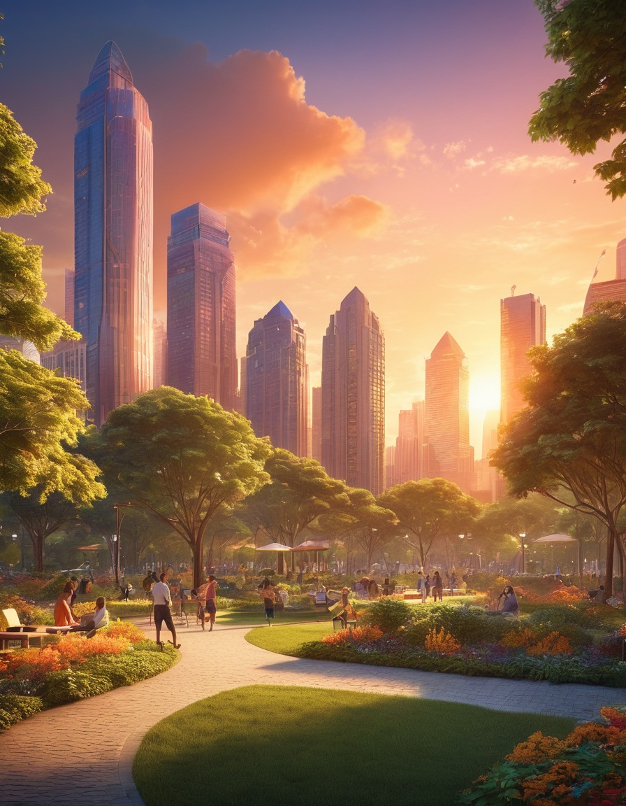 sunset, city park, skyscrapers, leisure, greenery, nature, city