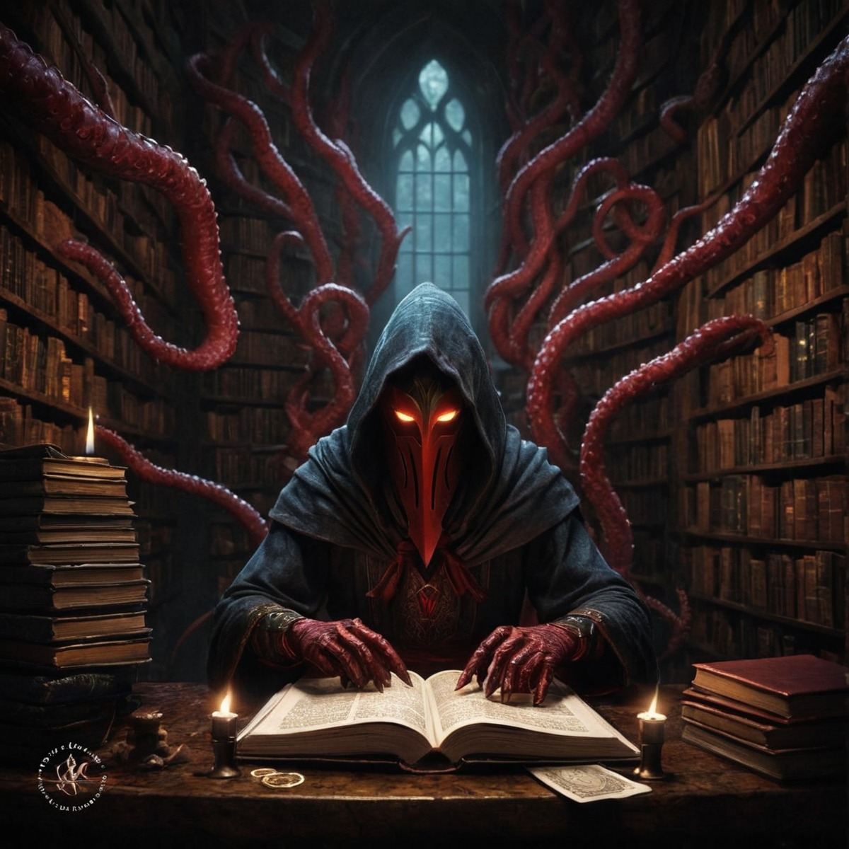 digitalart, magic, horror, lovecraft, books, fantasyart, monster, gothic, bookworm, ai_generated_art