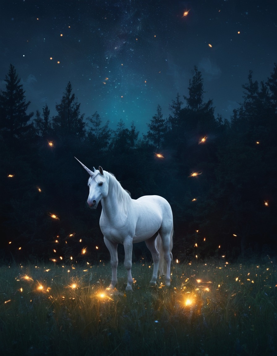 fantasy, unicorn, moonlight, meadow, fireflies