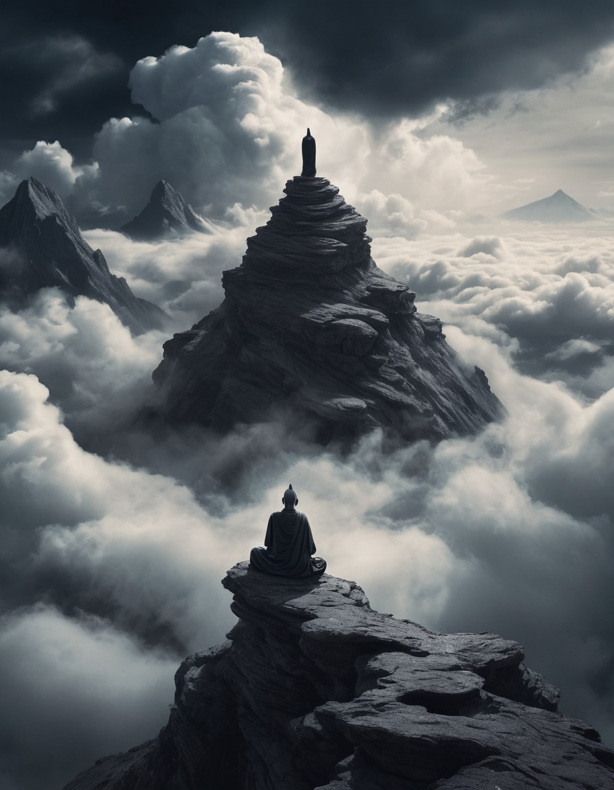 meditation, mountain peak, swirling clouds, loneliness, spirituality, zen, tranquility