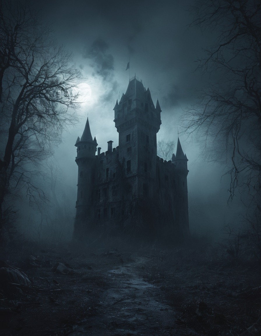 abandoned castle, mist, shadows, eerie, gothic, underground, dark