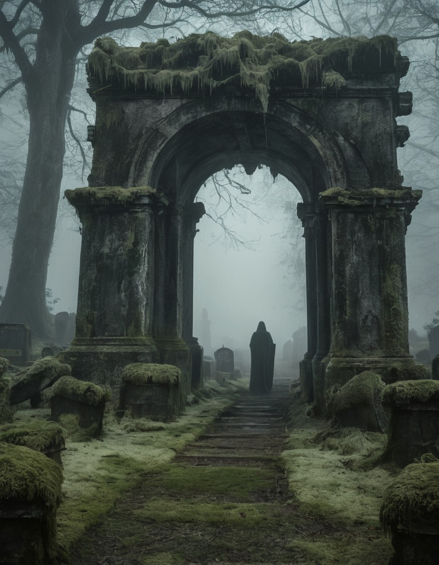 cemetery, archway, figure, fog, moss, solitude, gothic, underground, dark