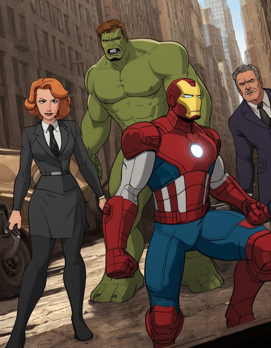 the avengers, marvel, movie scene, painting, superheroes, action, ensemble cast