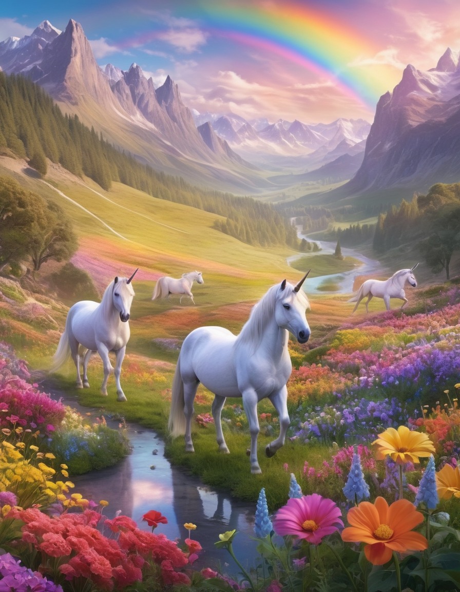 unicorns, valley, ethereal, rainbow-colored flowers, fantastic