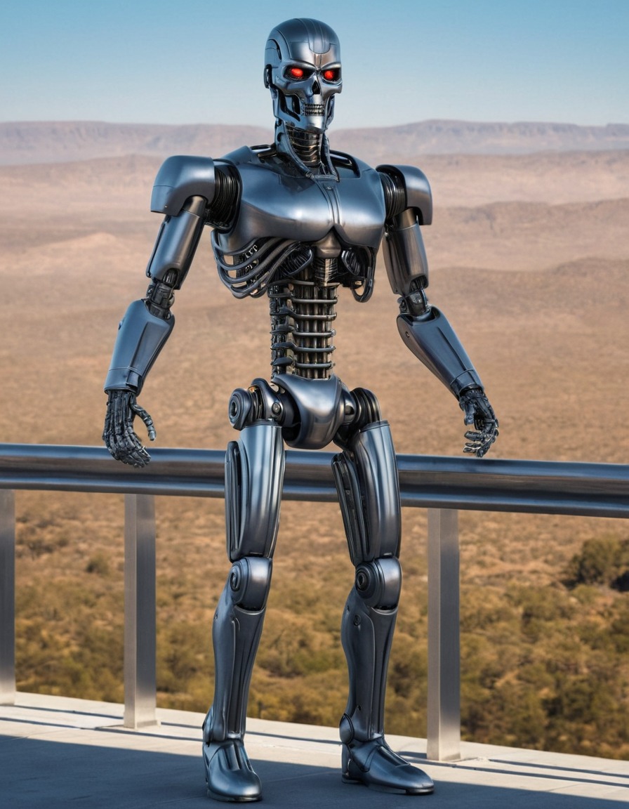 robot, t-1000, terminator, shape-shifting, mimicry, railing, sci-fi, robots, games, movies