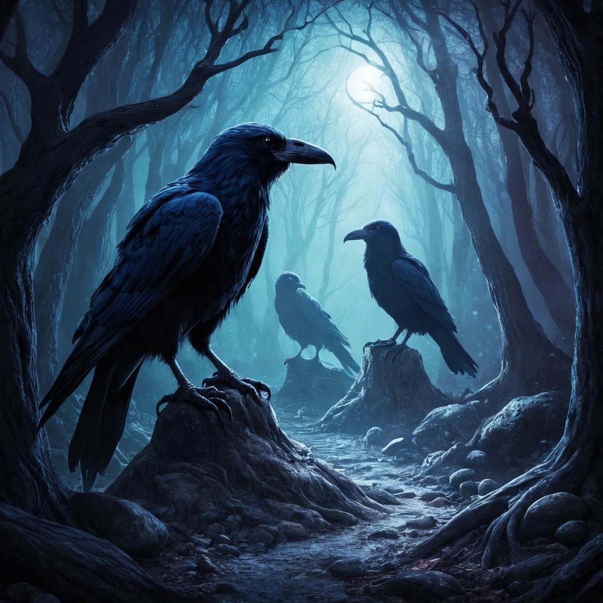 digitalart, magic, fantasyart, bird, forest, digitalpainting, ravens