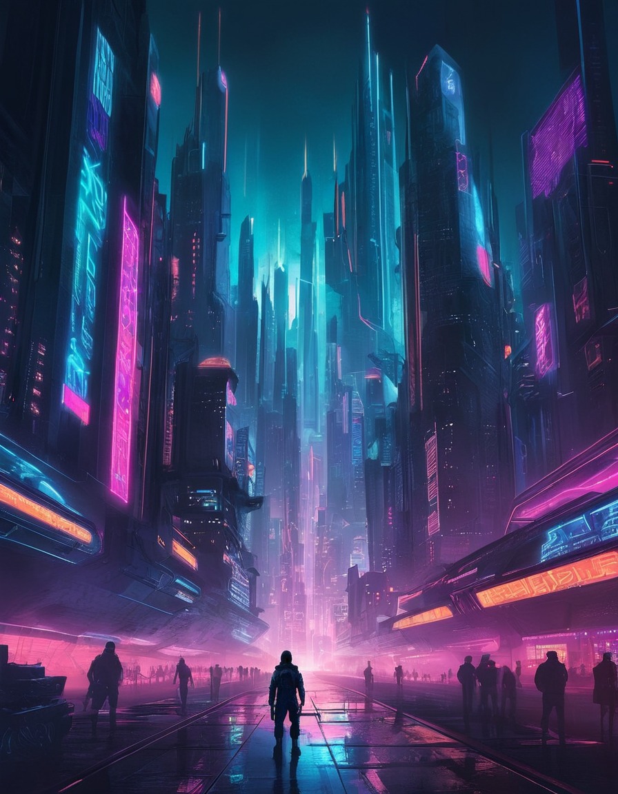 futuristic, cityscape, skyscrapers, neon lights, alex vance, games, girls from games