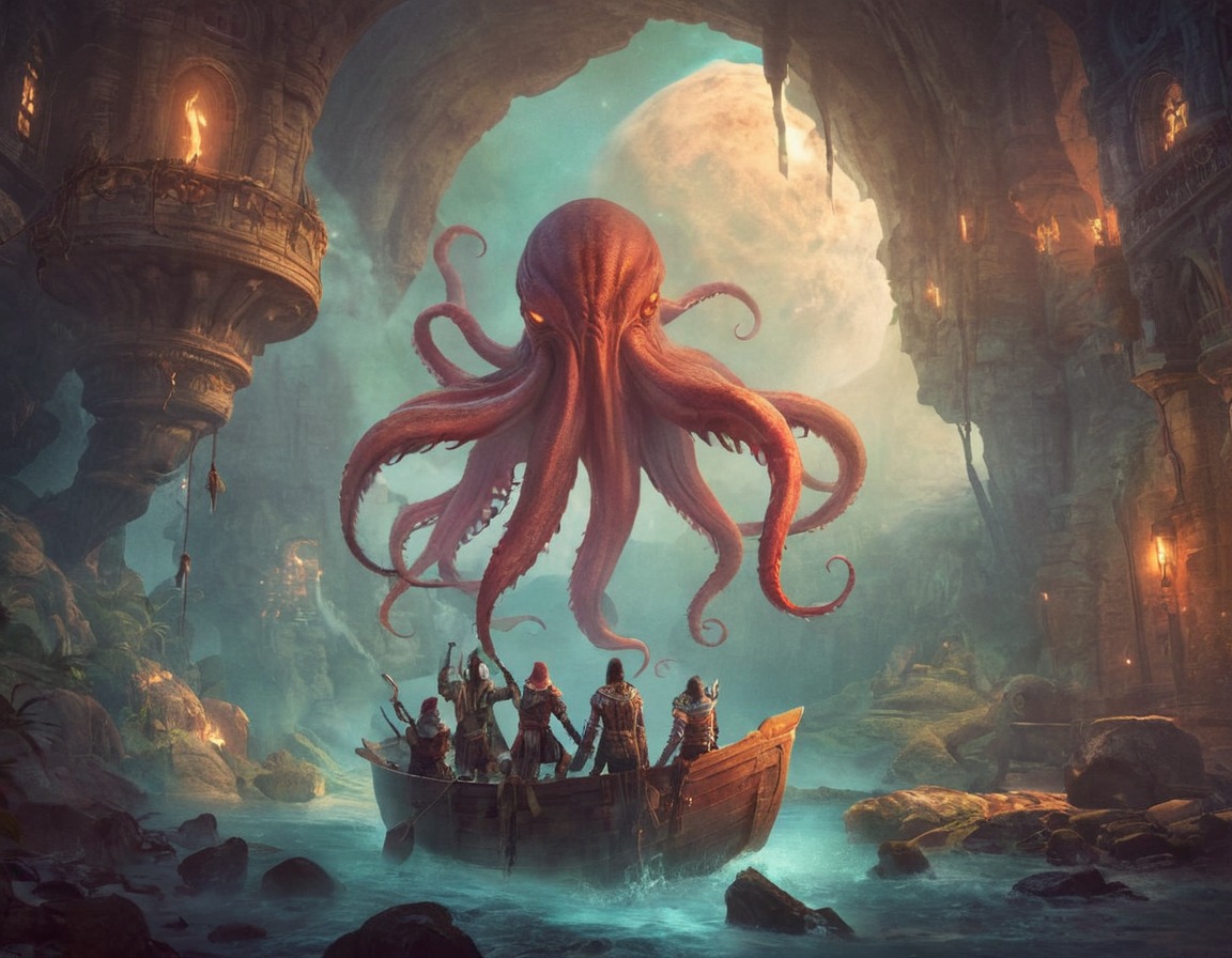 digitalart, octopus, dreamup, fantasyart, sea, boat, squid, dailychallenge, ai_art