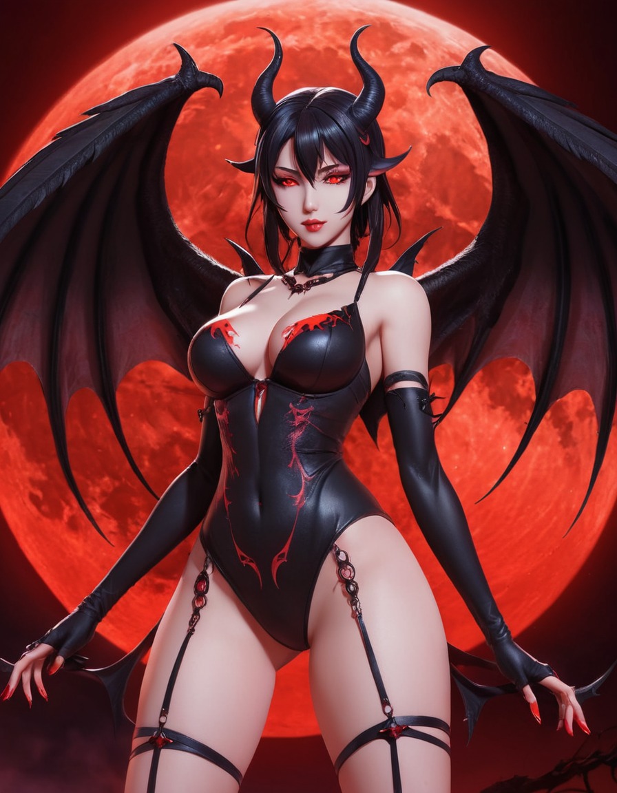 succubus, wings, red eyes, blood moon, fantasy