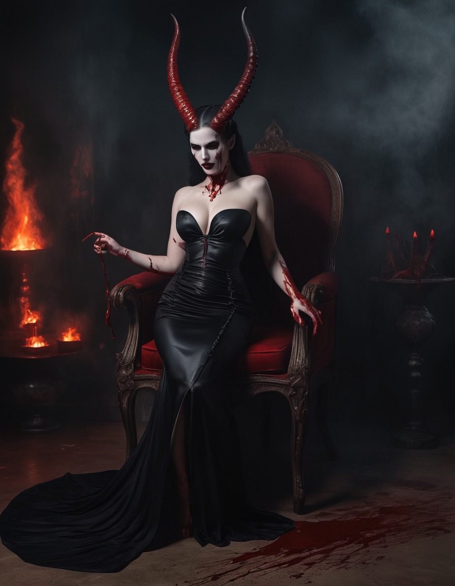 demoness, elegant, infernal, twisted horns, black gown, ruler, demon, sexy, nsfw	