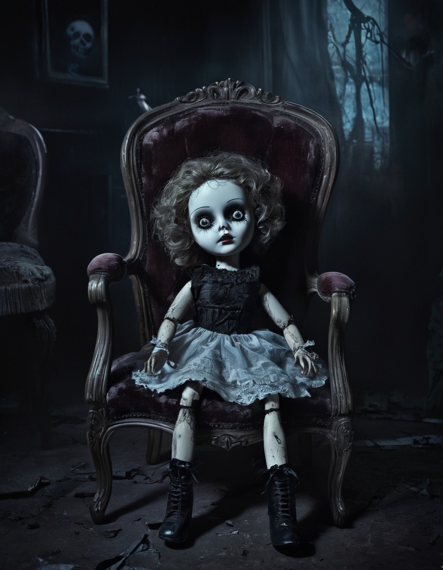 creepy, doll, glassy eyes, tattered velvet chair, dimly lit room, gothic, underground, dark