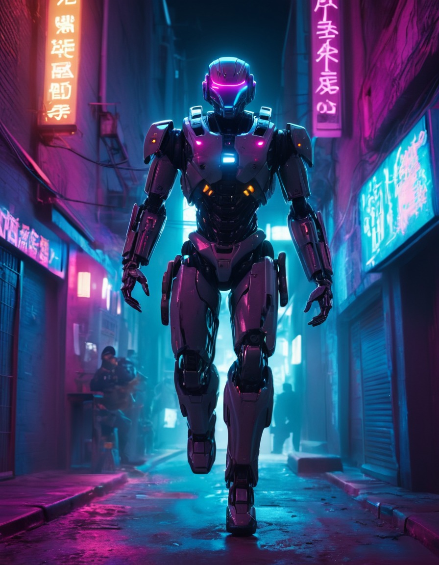 cyborg, high-speed chase, robotics, neon-lit, futuristic, future