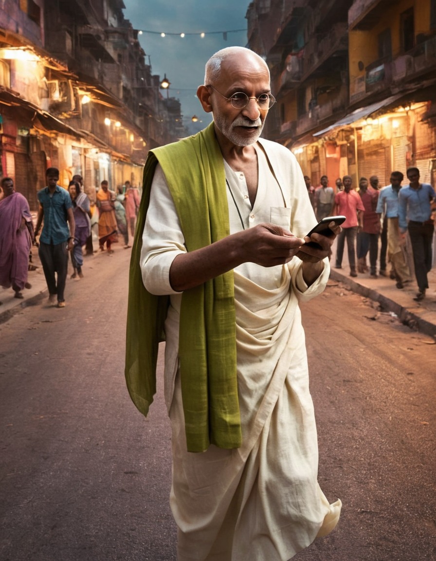 mahatma gandhi, smartphone, navigation, urban life, historical figure