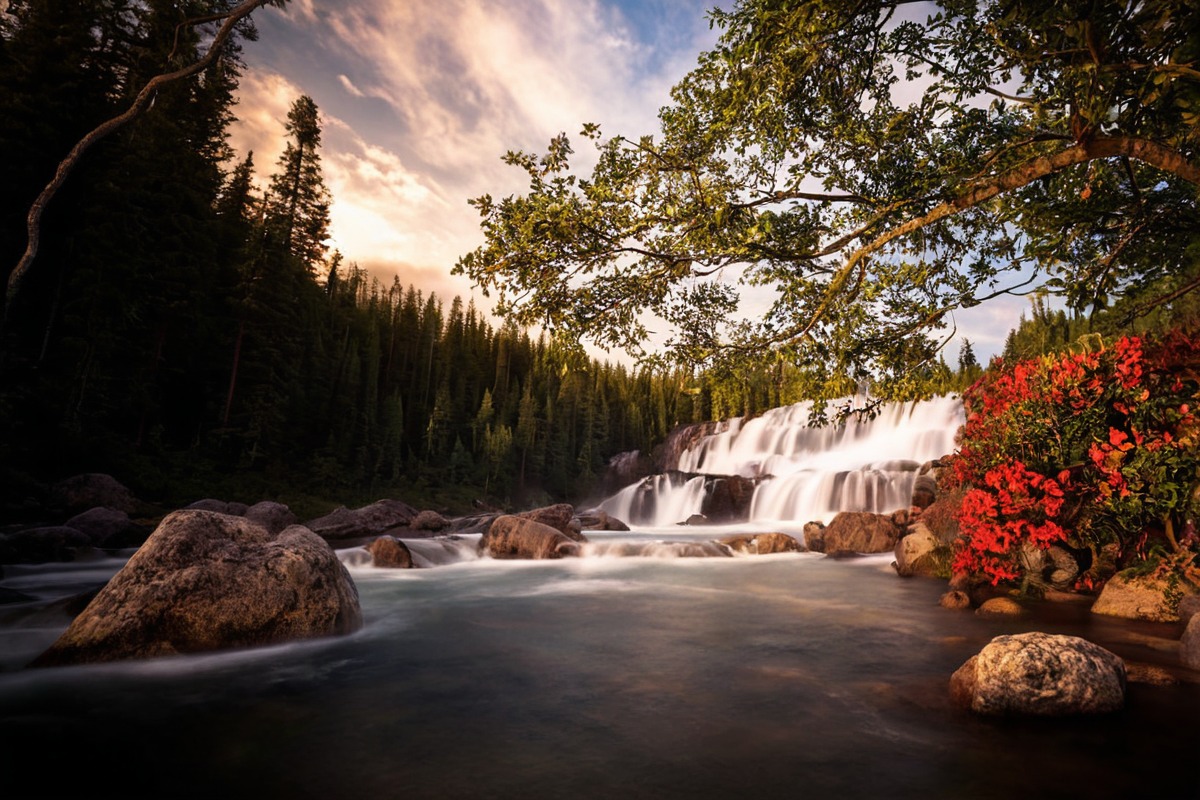 red, waterfalls, autumn, autumnleaves, landscapephotography, landscapescenery, longexposure, longexposurephotography, waterfallscenery