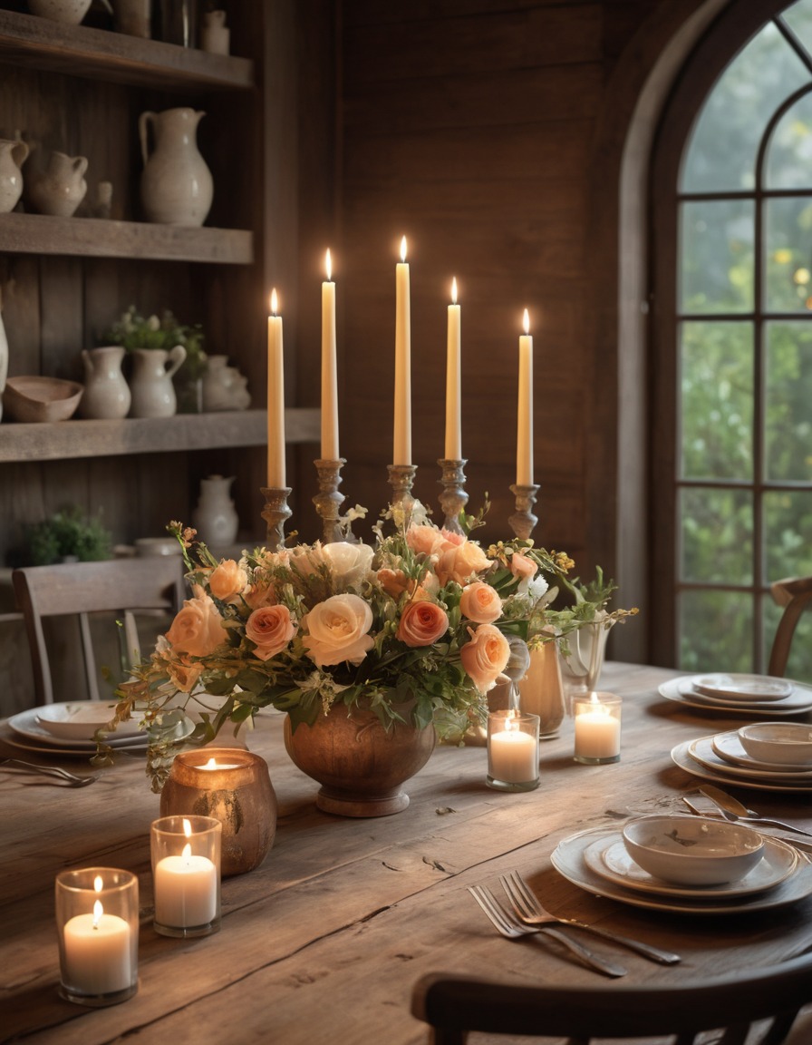 wooden table, fine china, fresh flowers, flickering candles, home, interior