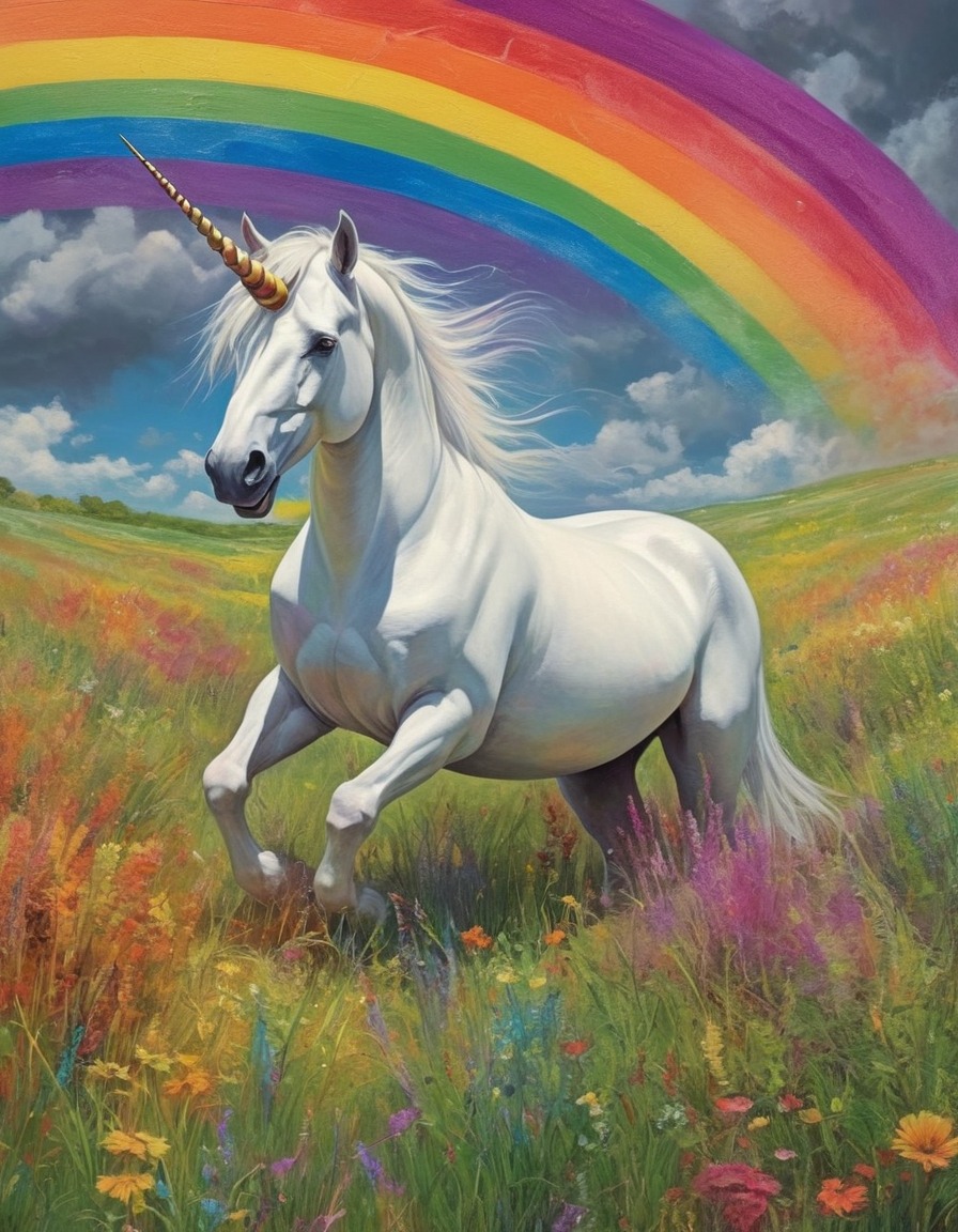 unicorn, meadow, rainbow-colored grass, surreal