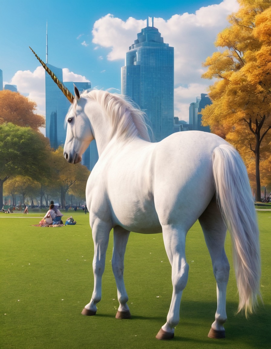 unicorn, city park, strange, mythical creature, urban wildlife