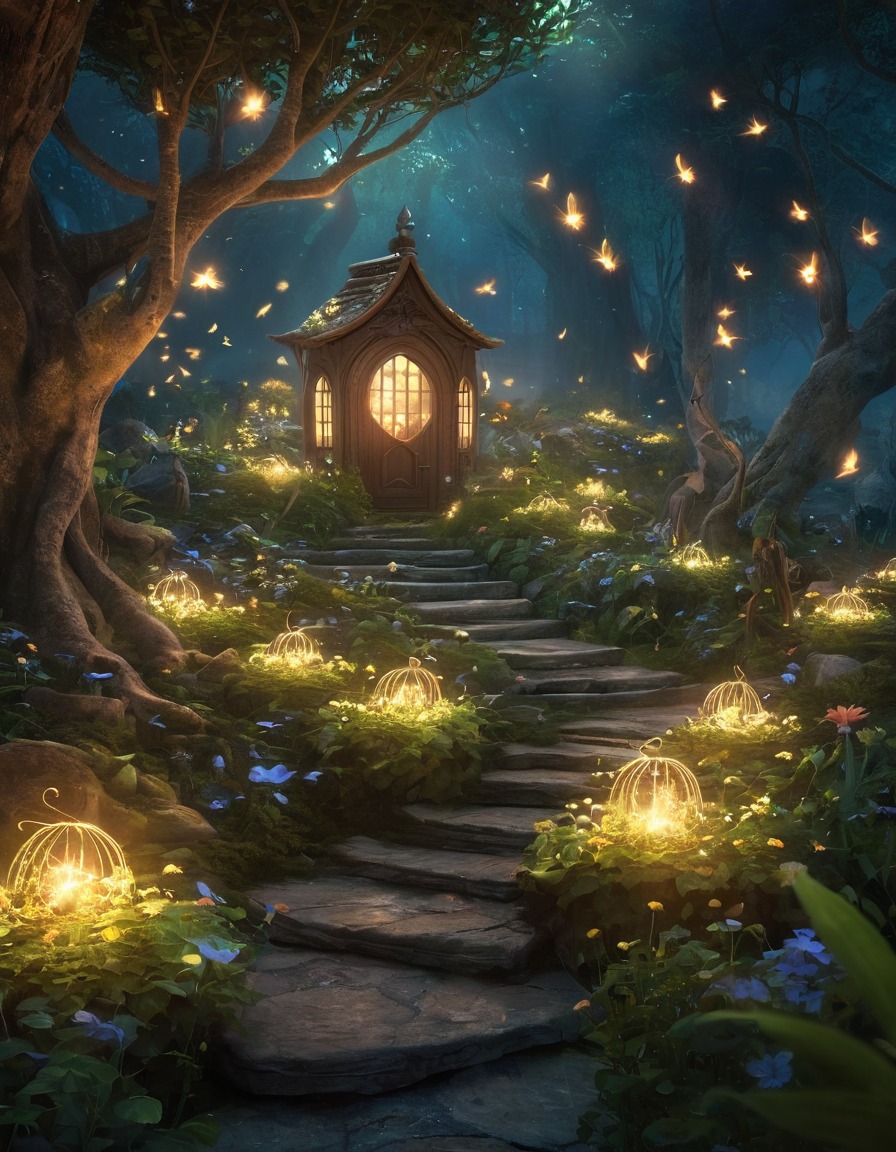 mystical garden, fairies, fireflies, fantasy, enchanted, magical creatures