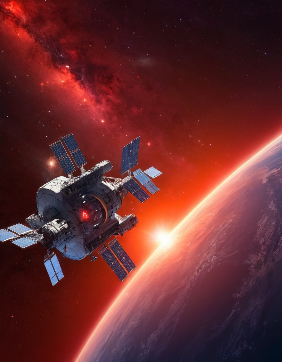 space station, mysterious, glowing red star, orbiting, space scene, astronomy