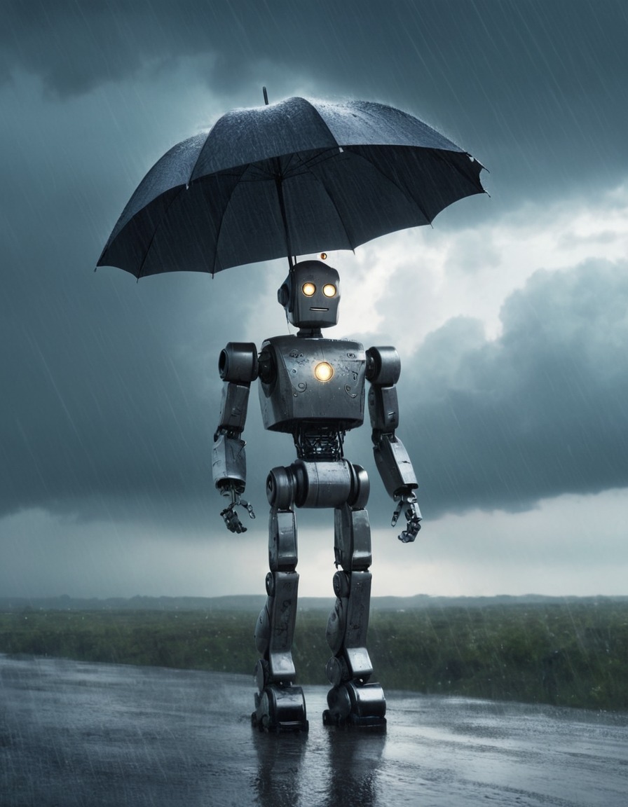 robot, umbrella, rain, storm, weather, robots