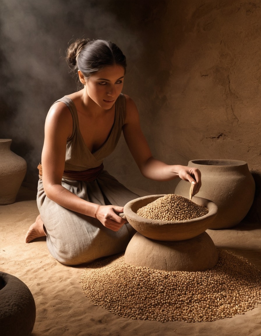 ancient mesopotamia, woman, grinding grains, stone quern, ancient tools, agriculture, daily life