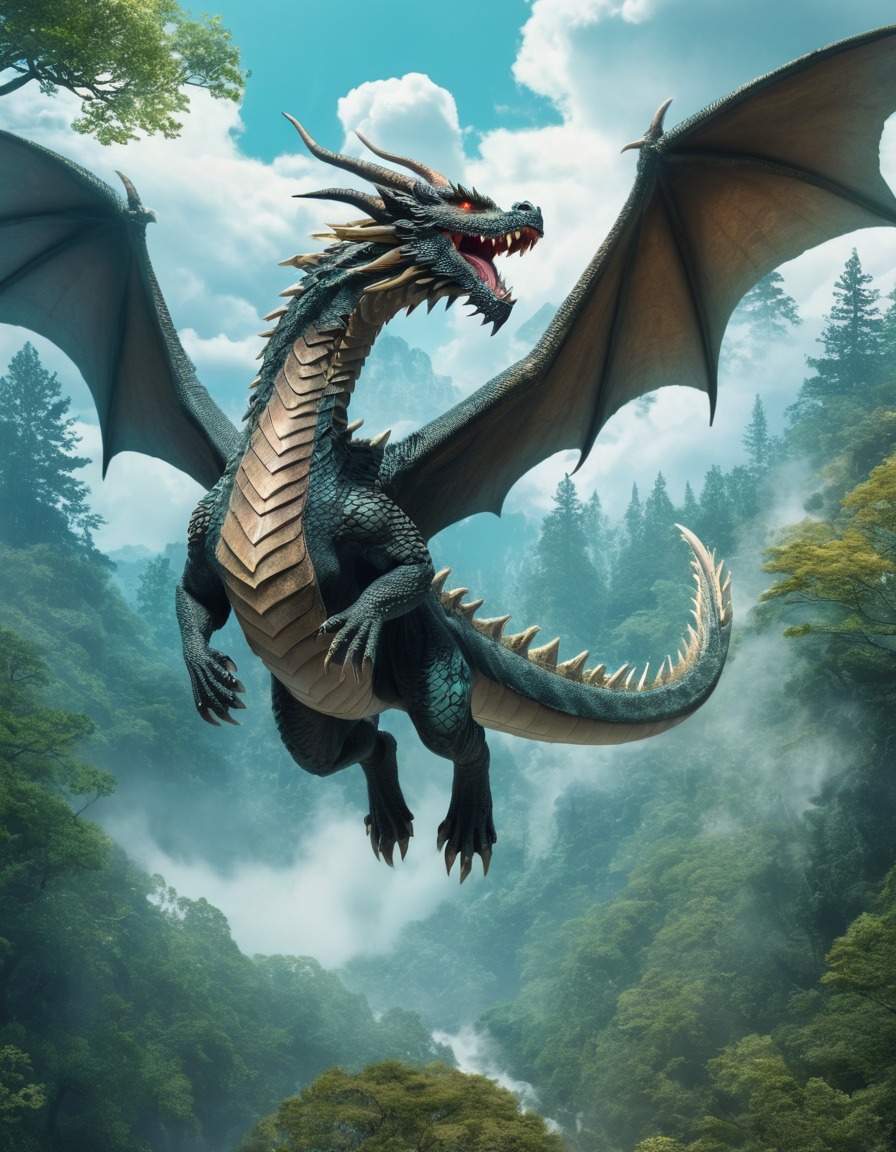 fantasy, dragon, majestic, forest, flying, fantastic