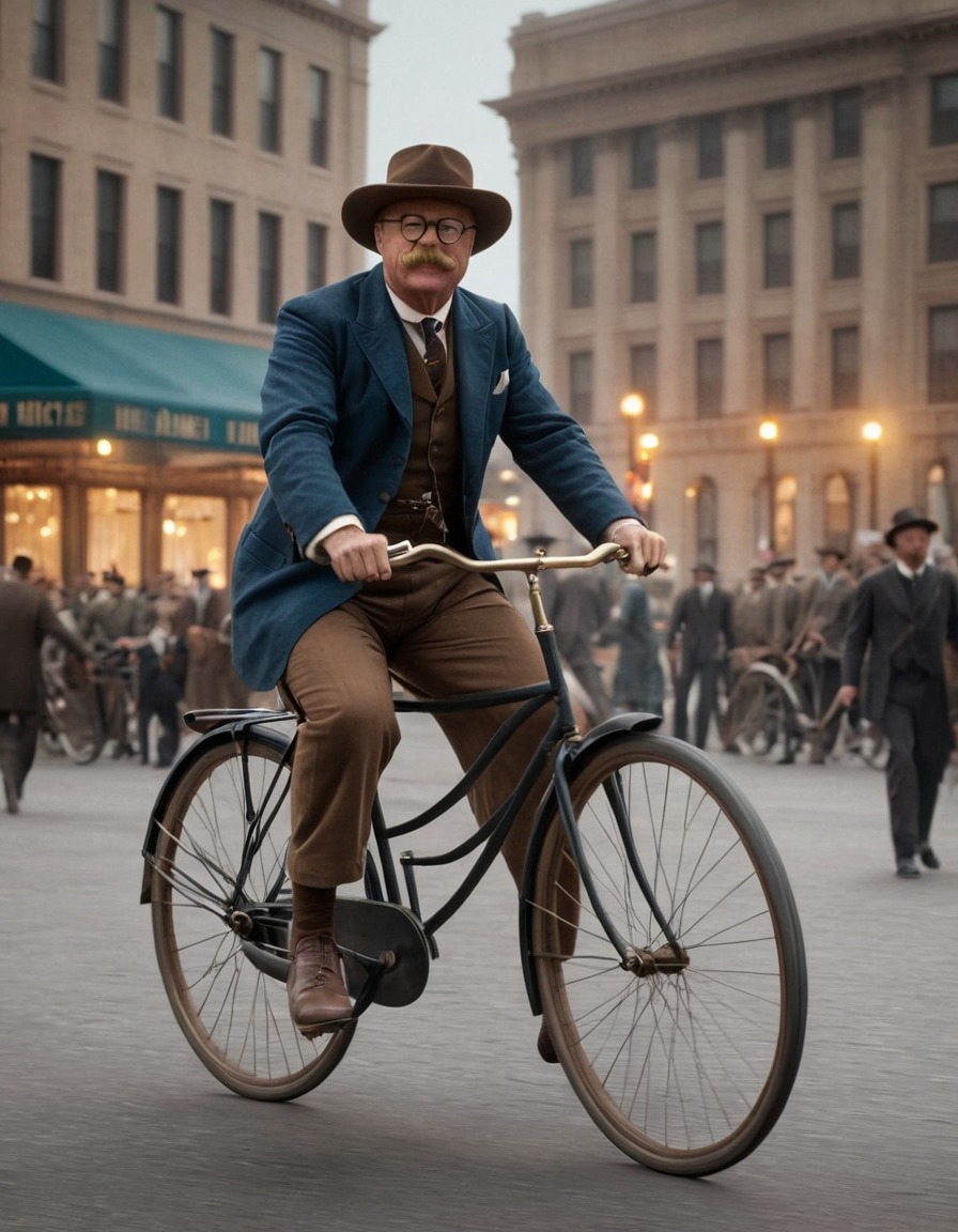 theodore roosevelt, bicycle, city square, historical figure