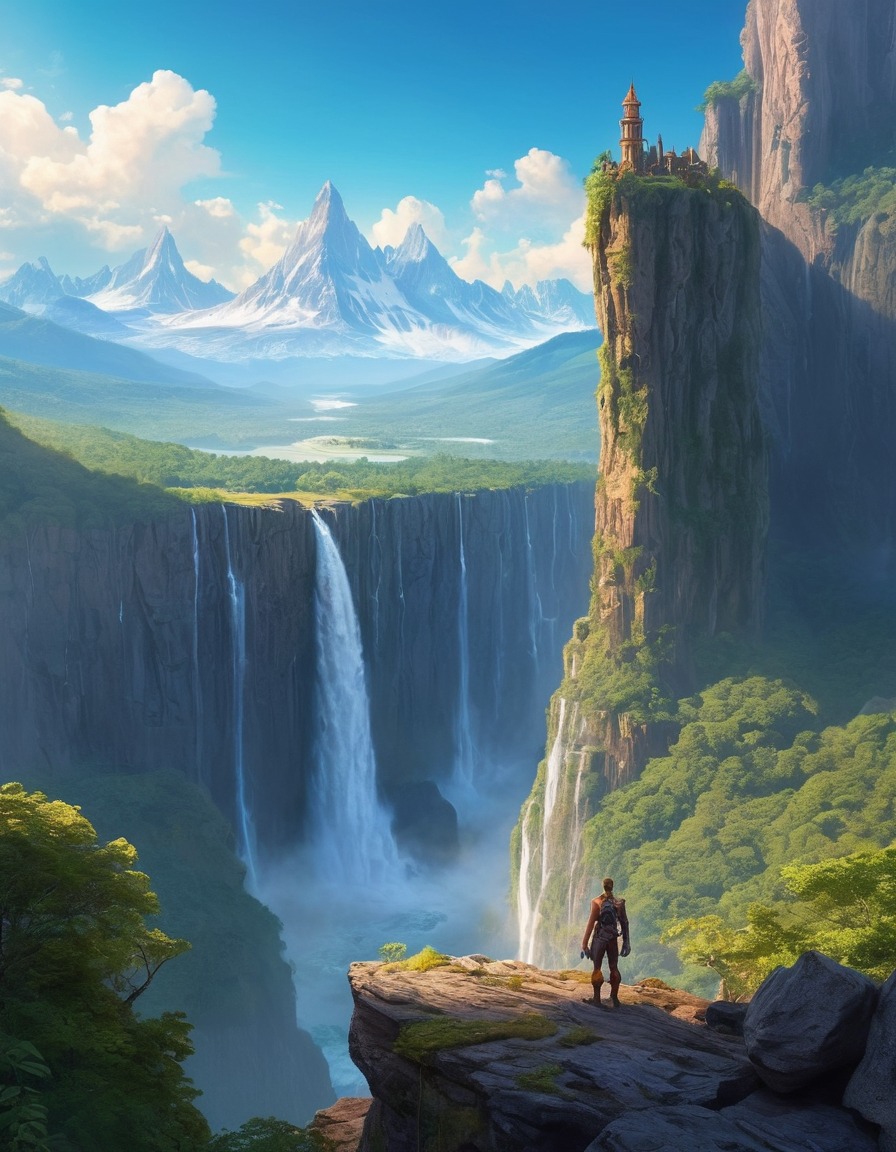 fantasy, mythical landscape, cyclops, mountains, waterfalls, forests