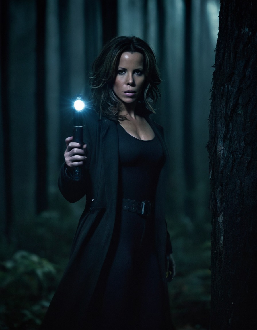 kate beckinsale, actress, dark, eerie, forest, flashlight, fear