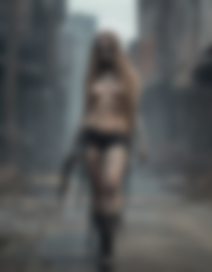 zombie, long hair, fishnet stockings, post-apocalyptic city, nsfw