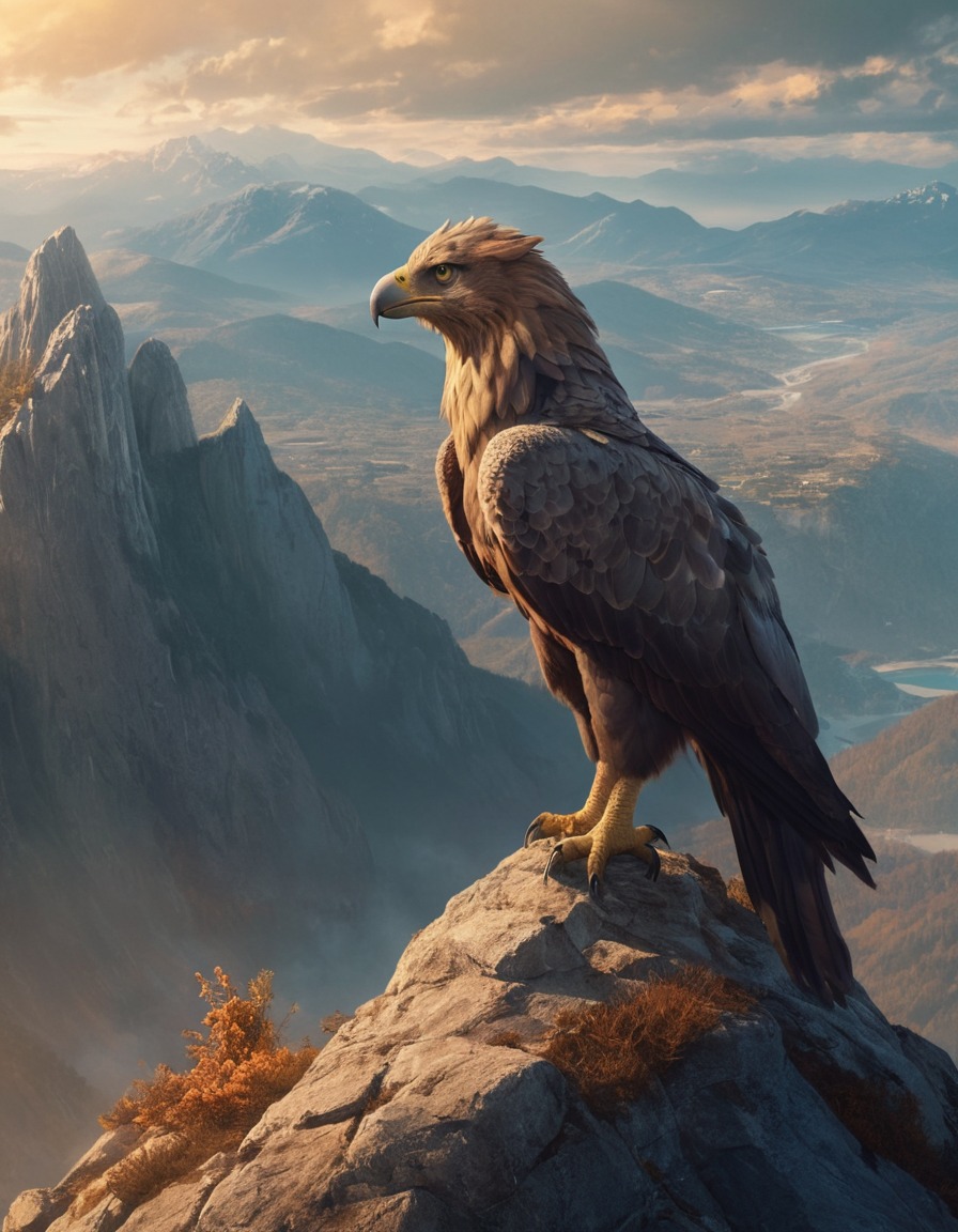 fantasy, mythical creature, griffin, mountaintop, landscape