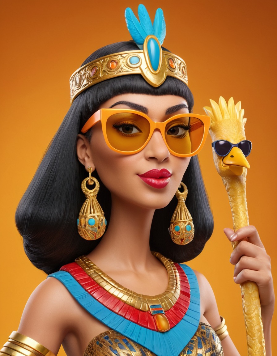 cleopatra, caricature, oversized sunglasses, rubber chicken, humor, funny