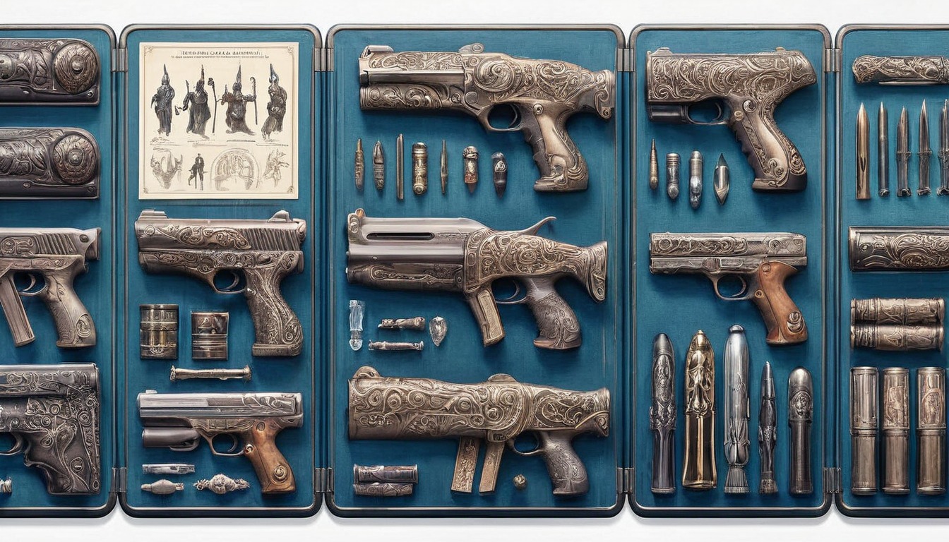 digitalart, weapon, bullet, carving, case, collection, dalle3, fantasy, futuristic, guns, mechanism, ornate, pistol, rifle, unique, aiart, wrapon