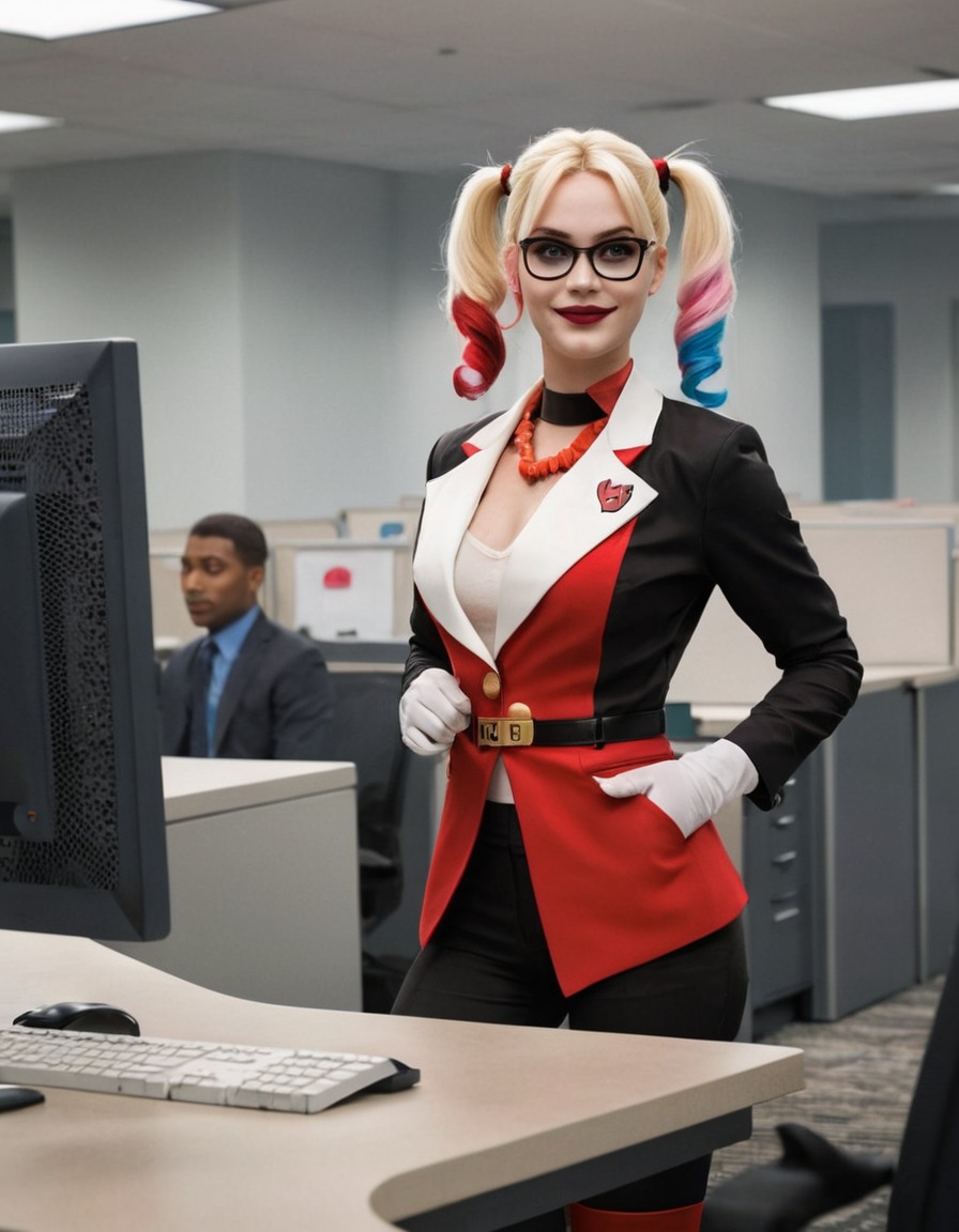 harley quinn, dc comics, office worker, villain, gotham city, comics, superhero